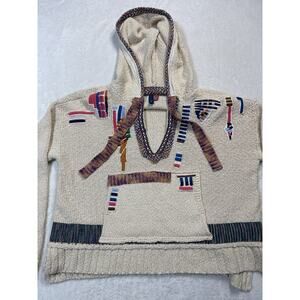 Pilcro Embroidered Knit Hoodie Aztec Boho Artisan Cream Multicolor Trim SZ S